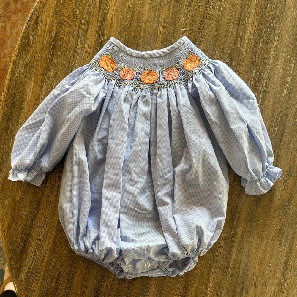 Stitchy fish light blue Baby Romper with Orange pumpkin Embroidery